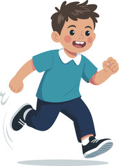 Happy young boy running fast with smiling face, energetic child in casual clothes, cartoon character illustration for kids activity and sports concept design