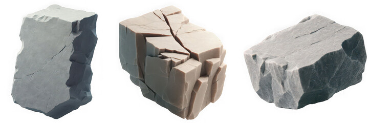 Three stylized rock formations with varying textures and neutral color palettes png on transparent background
