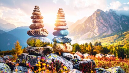 Peaceful scene of balanced stones at sunrise in the mountains, symbolizing mindfulness, inner peace, harmony, and natural beauty.