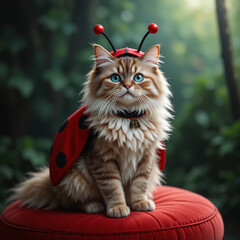 무당벌레 분장을 하고 있는 귀여운 고양이가 앉아있는 모습