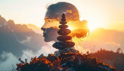 Peaceful scene of balanced stones at sunrise in the mountains, symbolizing mindfulness, inner peace, harmony, and natural beauty.