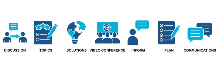 Fototapeta premium Meeting icon set vector illustration concept for business meeting and discussion with communications, topics, solutions, plan, inform and video conference icon