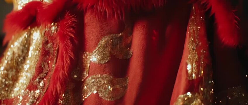 Chinese Lion Dance Costume Texture - Macro Loop. This abstract and festive background captures the energy and detail of the traditional celebration.