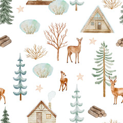 A seamless digital watercolor pattern featuring deer, pine trees, small cabins, and stars in a gentle, snowy winter landscape.