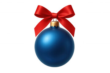 Festive blue christmas bauble with a golden cap and a vibrant red satin ribbon bow, celebrating holiday seasons