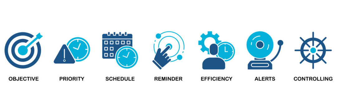 Time management icon set vector illustration concept for objective, priority, schedule, reminder, efficiency, alerts, and controlling