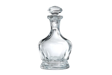 A tall, clear glass bottle with a clear top. The bottle is sitting on a white background
