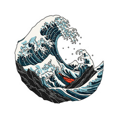 The Great Wave off Kanagawa, a famous Japanese woodblock print depicting a massive wave threatening boats.