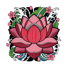 A beautiful pink lotus flower illustration in a traditional Japanese style with waves and cherry blossoms.