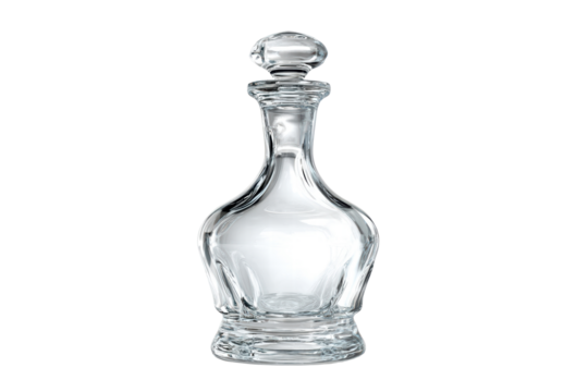 A tall, clear glass bottle with a clear top. The bottle is sitting on a white background