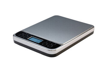 A digital scale with a black and silver base. The scale has a digital display and a black and silver top
