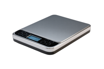 A digital scale with a black and silver base. The scale has a digital display and a black and silver top
