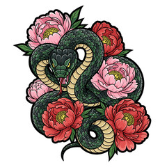 Illustration of a green snake coiled among pink and red peonies.