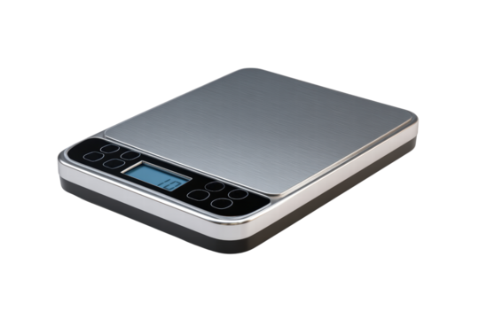 A digital scale with a black and silver base. The scale has a digital display and a black and silver top
