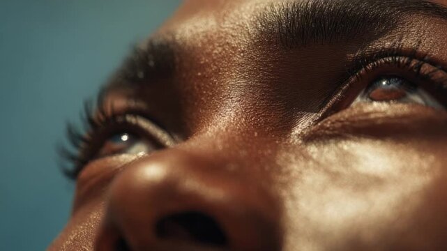 A Gaze of Hope and Aspiration: Close-up view of expressive eyes, gazing upward with hope and anticipation, bathed in soft, natural light.