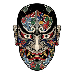 Intricate and colorful Japanese Hannya mask with traditional patterns and fierce expression on a white background.