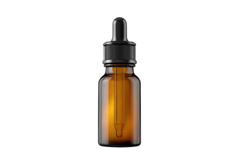 A bottle of perfume with a black cap and a black dropper. The bottle is brown and has a clear glass top