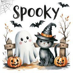 Whimsical Halloween Scene with Cat, Ghost, and Pumpkins