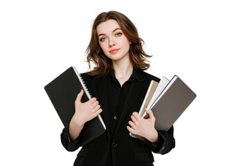 A girl in a black suit with notebooks. She is wearing a black suit and she is a professional. Concept of productivity and focus