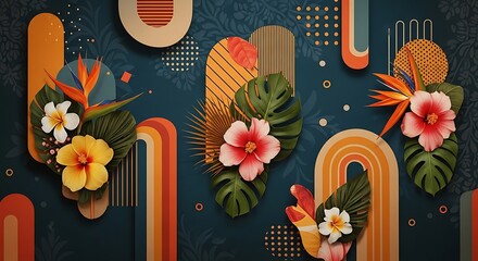 Retro Tropical Vibes A Vibrant Arrangement of Exotic Flowers and Abstract Shapes with a Mid-Century Modern Aesthetic