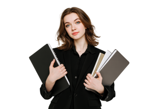 A girl in a black suit with notebooks. She is wearing a black suit and she is a professional. Concept of productivity and focus