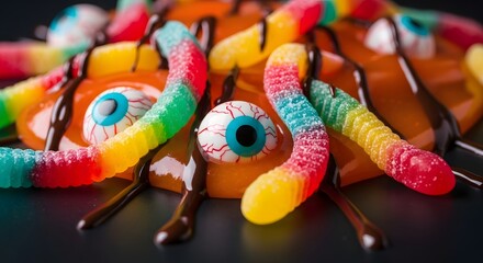 A spooky and colorful halloween treat featuring gummy worms and candy eyeballs covered in chocolate syrup, creating a fun and slightly creepy dessert
