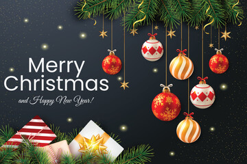Merry Christmas Greeting Card with Red Ornaments, Baubles, and Golden Holiday Decorations on Elegant Black Background © Galaxy