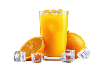 A glass of orange juice with ice cubes and an orange on the side. The image conveys a refreshing and healthy atmosphere