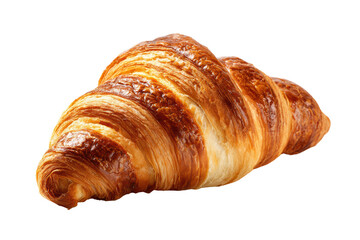 A croissant is sitting on a white background. The croissant is golden brown and has a slightly crispy texture