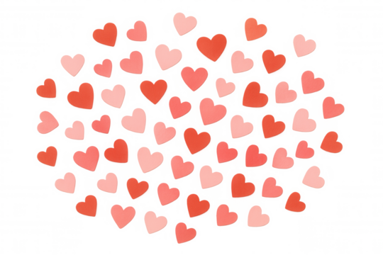 Red and pink hearts forming confetti shape, generating love and romance for valentine's day on transparent background