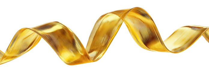 Abstract golden 3d ribbon wave with elegant curves, isolated on transparent cutout background