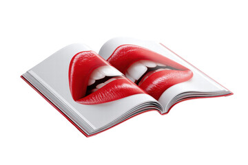 A book is open to a page with a red mouth and teeth. The book is on a white background