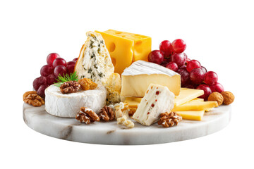 A white plate with a variety of cheeses and nuts. The cheeses include feta, brie, and cheddar. The nuts include walnuts and almonds. The plate is set on a marble countertop