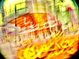 カラフルな光跡と炎のような抽象アート背景