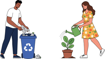 Man recycling plastic waste, woman watering plant, eco friendly lifestyle, sustainability, green environment, conservation, ecology, community action