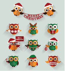 Cute Cartoon Owls Wearing Santa Hats with Merry Christmas Banner Holiday Illustration for Greeting Card and Winter Design