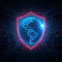 Abstract glowing neon globe with holographic shield symbolizing global cybersecurity and data protection.
