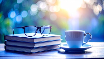 Peaceful morning scene with stacked books, reading glasses, and a coffee cup. Perfect for education, creativity, mindfulness, and relaxation themes.