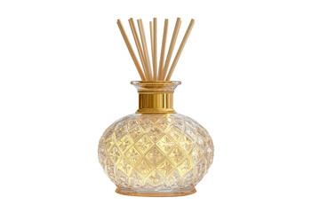 A gold and crystal vase with a wick in it. The vase is decorated with a pattern of diamonds