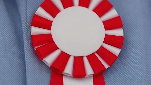 Red and White Award Rosette on Blue Fabric