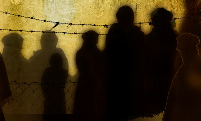 Refugee in Ukraine and Gaza and in the world showed as shadows on a wall with barbed wire
