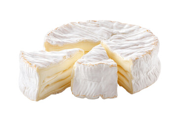 A wedge of cheese has been cut out of a large white cheese wheel. The cheese is sliced into a triangle and is sitting on a white background