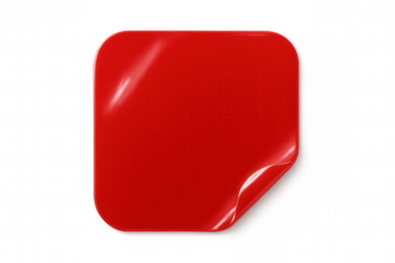 Red glossy square sticker peeling corner, empty label mockup template with transparent background