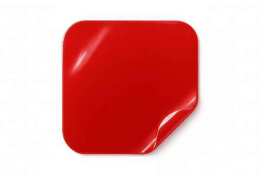 Red glossy square sticker peeling corner, empty label mockup template with transparent background