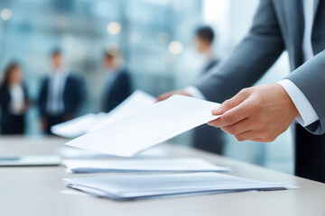 会議で書類を渡すビジネスマンの手元