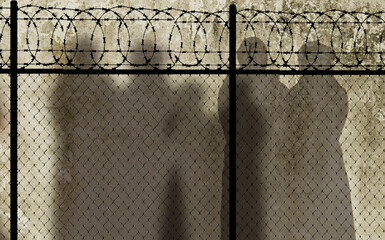 Refugee in Ukraine and Gaza and in the world showed as shadows on a wall with barbed wire