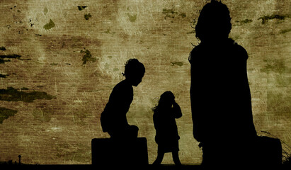 Refugee in Ukraine and Gaza and in the world showed as shadows on a wall with barbed wire