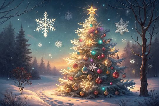 Magical snowy forest christmas tree with twinkling lights and snowflakes