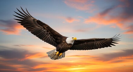Obraz premium Bald Eagle Flying Against Dramatic Colorful Sunset Sky