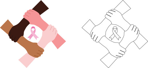 Breast Cancer Awareness Month icon set. Sign for awareness month with pink ribbon symbol. This icon increase awareness of the disease and to raise funds for research into its cause, diagnosis. 